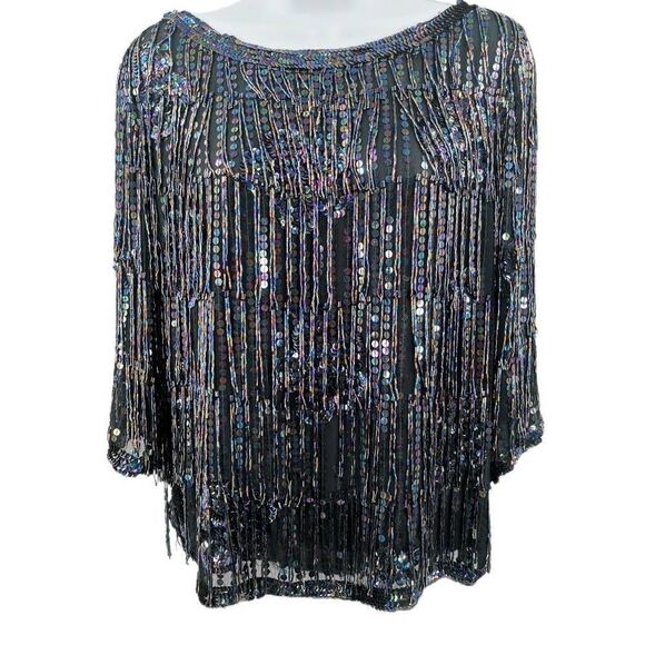 Vintage Black Silk Top Hand Embellished in iridescent black beads/sequins and Fr - Picture 1 of 10